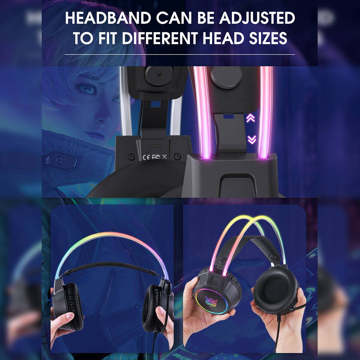 ONIKUMA X15 Pro RGB Gaming Headset with adjustable headband to fit different head sizes, ensuring a comfortable and secure gaming experience.